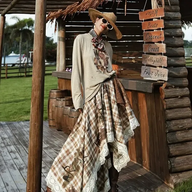 秋冬不规则拼接蕾丝格子高腰显瘦A字女半身长裙