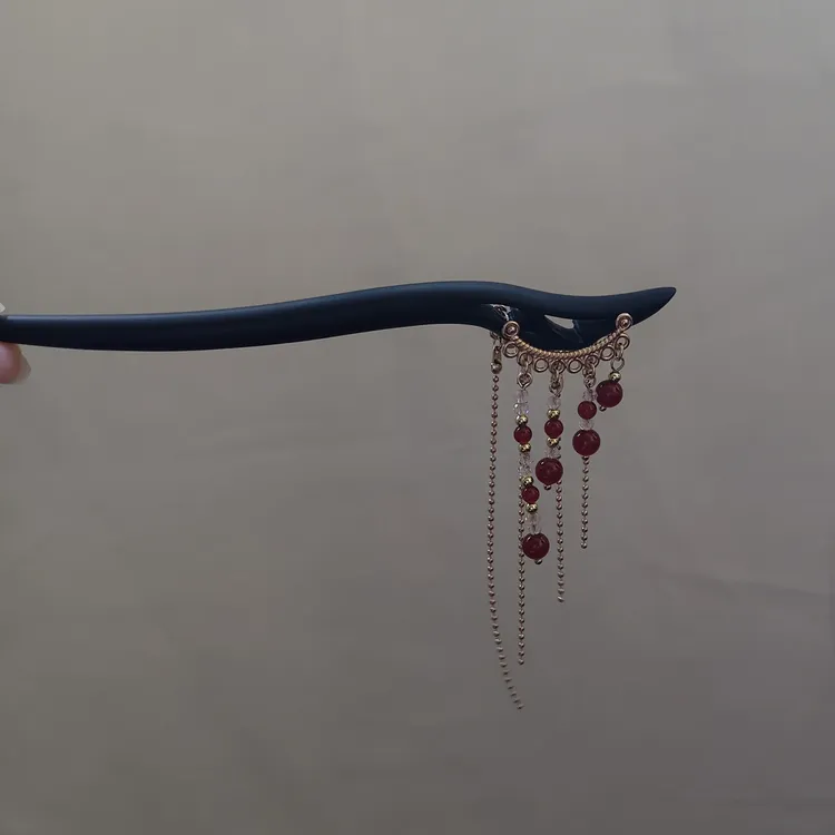 红色流苏黑檀木发簪，新中式古风汉服头饰配饰礼品