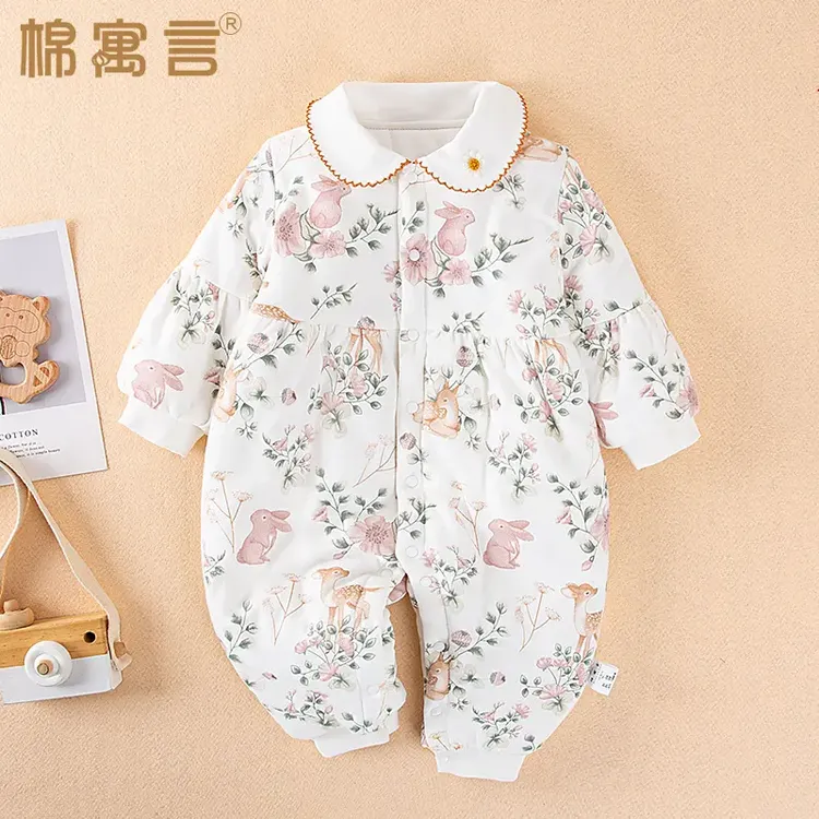 秋冬季婴儿纯棉连体衣哈衣爬服夹棉加厚女宝宝棉衣可爱翻领外出服