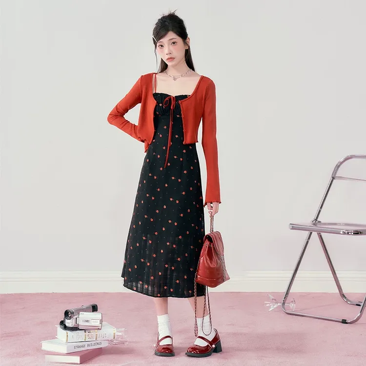 织物猪 盛夏玫瑰 法式碎花吊带连衣裙女小个子长裙开衫外套两件套