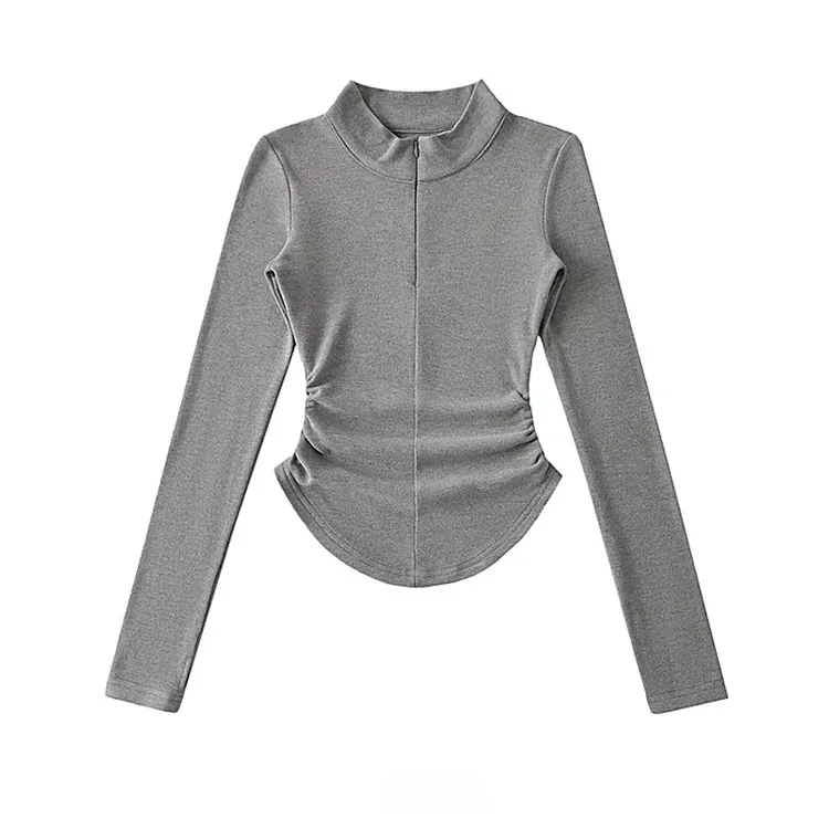 2025德绒半拉链长袖上衣女春季新款欧美风修身显瘦收腰打底衫内搭