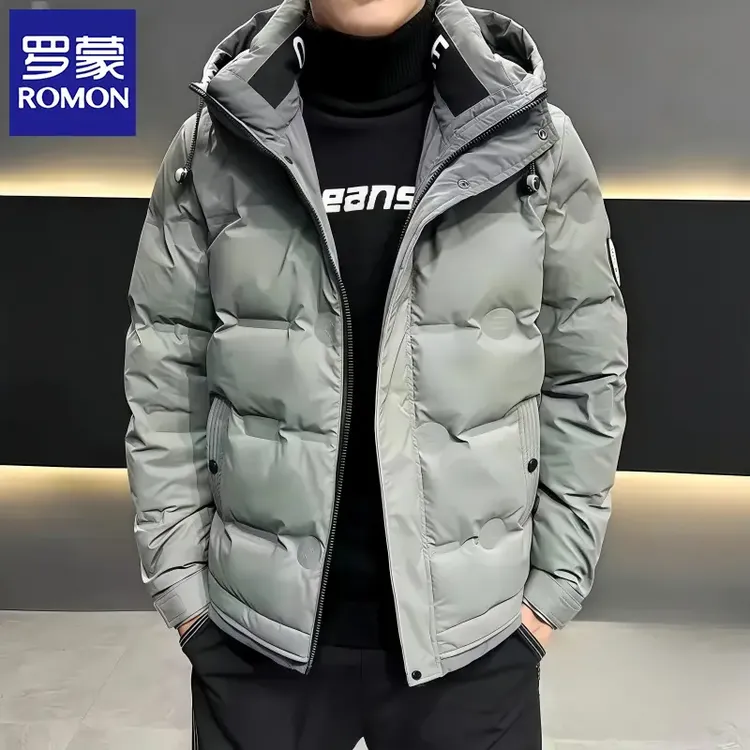 罗蒙冬季年轻人短款男士修身加厚连帽帅气男士保暖时尚羽绒服外套