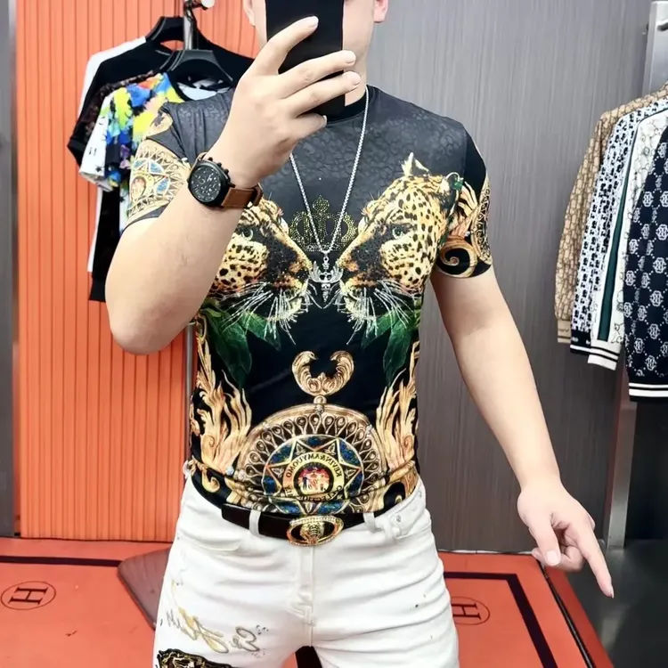 2025夏季时尚潮流帅痞百搭个性修身动感冰丝高品质印花圆领短袖