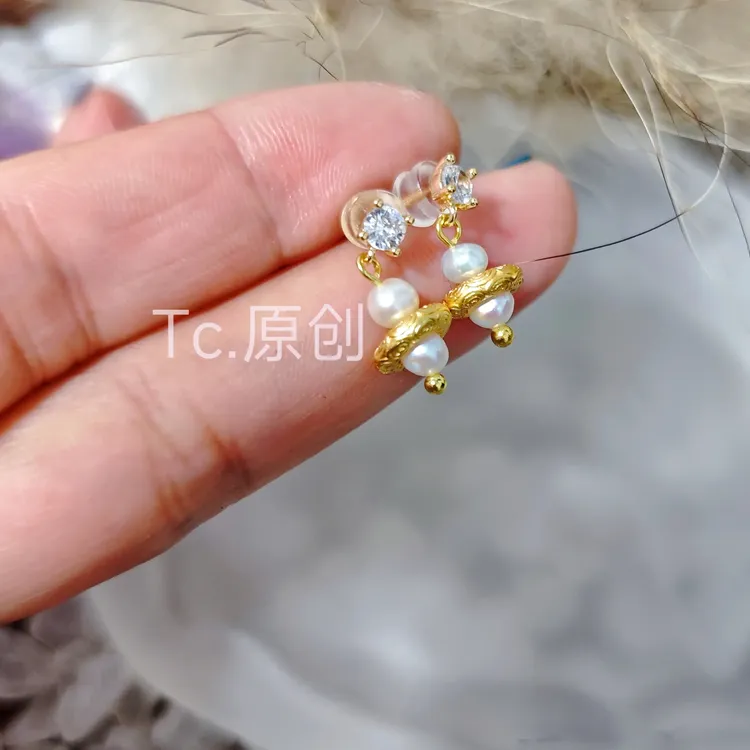 Tc.原创925银针法式复古珍珠耳环马年高级感耳钉小巧精致
