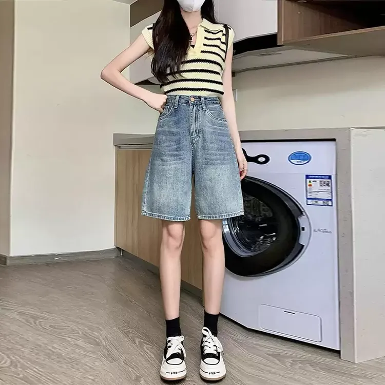 小个子高腰五分牛仔短裤女春秋季2025新款宽松显瘦a字阔腿中裤子
