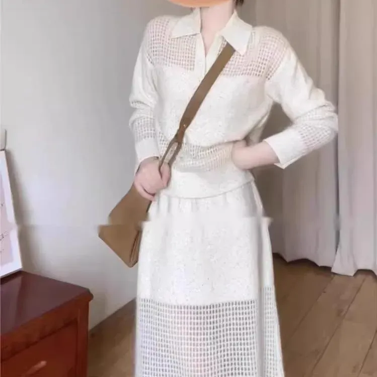 春季韩系穿搭一整套时尚气质高级感镂空针织衫半身裙子两件套装女