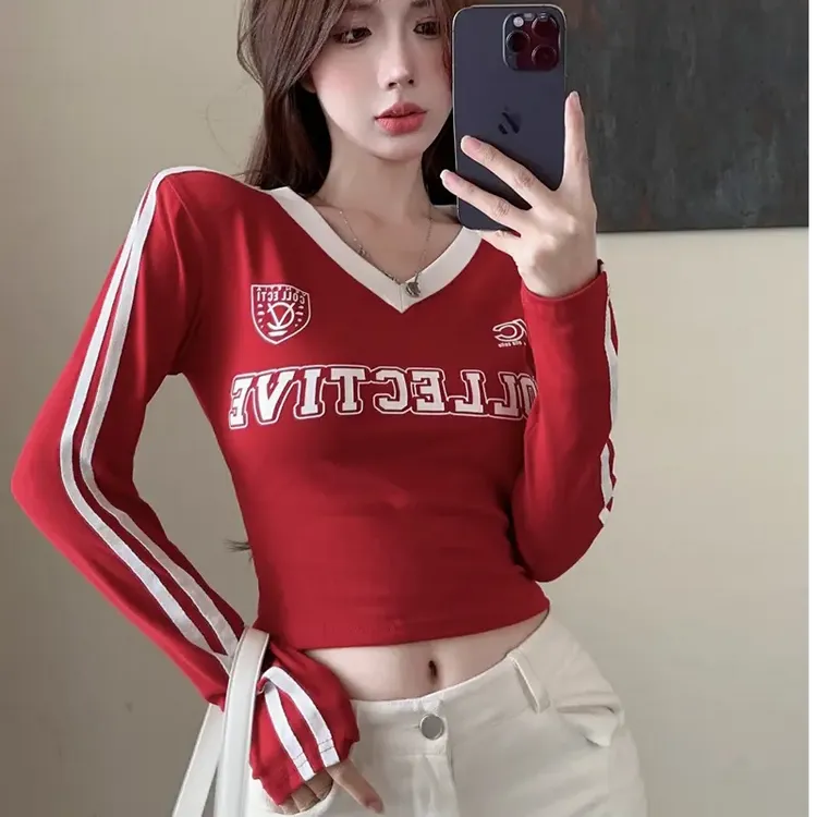【现货+运费险补贴】2025秋季美式辣妹复古长袖t设计感撞色修身上衣