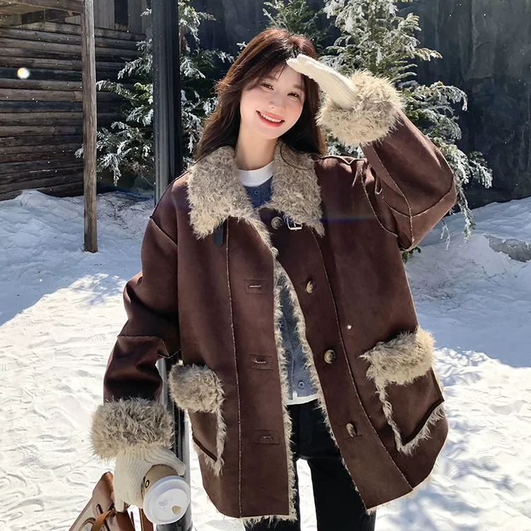 咖色复古美拉德皮毛一体保暖外套女2024冬新款麂皮绒加厚机车服