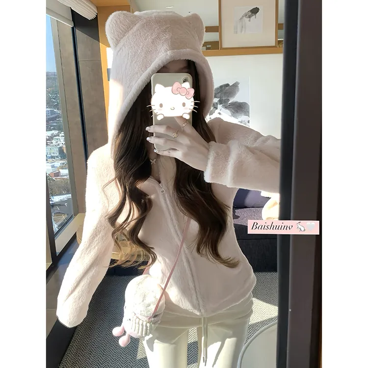 【达人专属】白水女软糯猫猫~高克重针织连帽卫衣女冬修身毛绒外套 B41146810