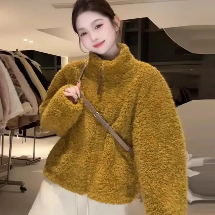 ［雪龙浩家］冬季新款立领加绒毛毛女士短款保暖外套