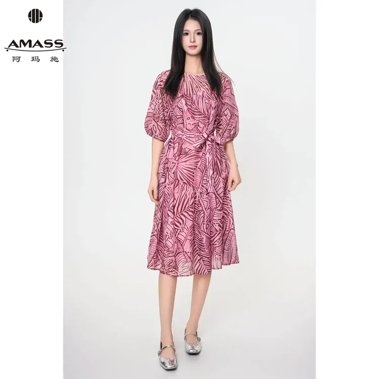 AMASS/阿玛施春夏新款时尚气质印花系带连衣裙-春夏印花系带收腰