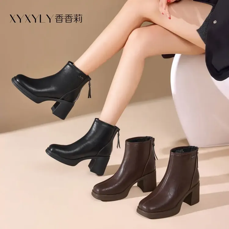 香香莉女鞋2025冬季新款32555粗跟中跟加绒短靴女靴子套筒时装靴