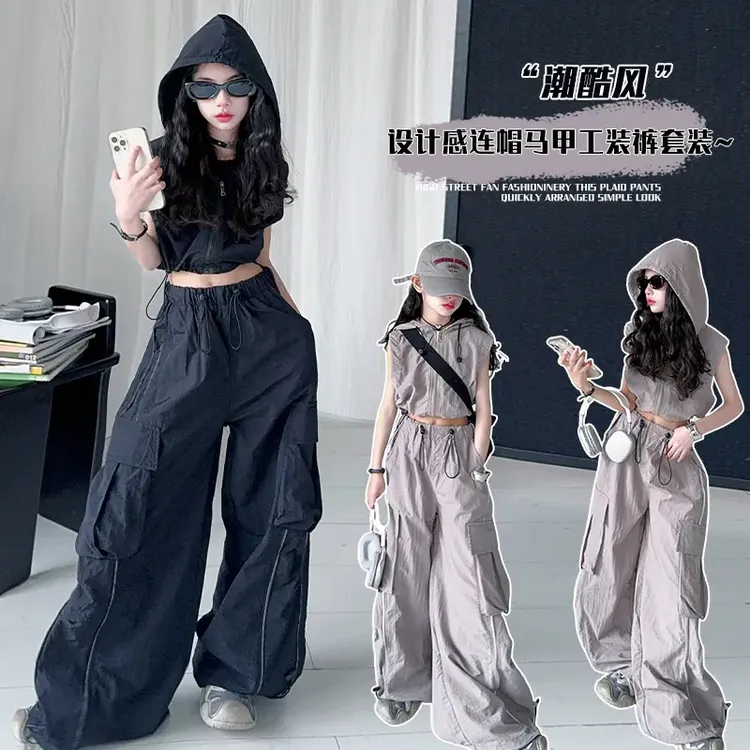 【酷哒仔】女童潮酷范儿连帽开衫工装裤子两件套装2025夏装中大童韩