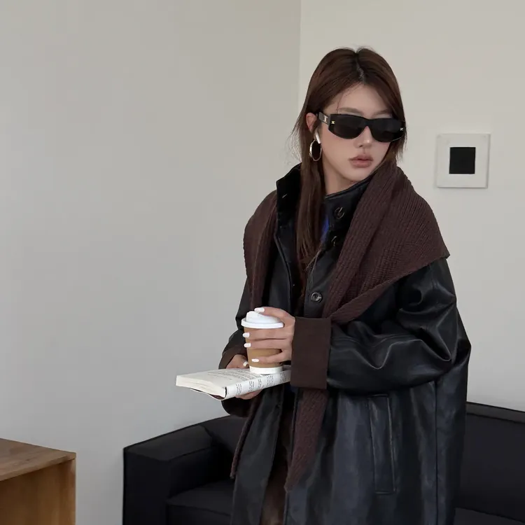 极简风冬款轻职风中长款皮衣厚外套休闲宽松秋冬复古