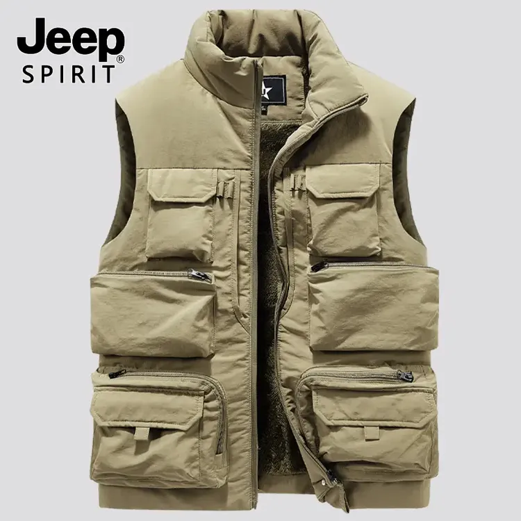 Jeep吉普2024秋冬男士加绒加厚马甲多口袋工装户外摄影钓鱼外套