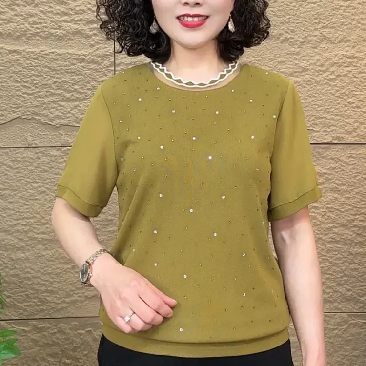 夏季新款时尚洋气圆领短袖恤女气质显瘦烫钻减龄宽松百搭上衣女