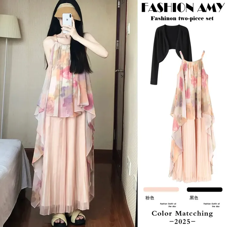 孕妇连衣裙春夏新款时尚韩版气质防晒开衫显瘦油画拼接百褶吊带裙