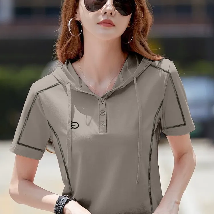 高档纯棉短袖女士休闲t恤宽松洋气2025夏季新款时尚刺绣连帽上潮
