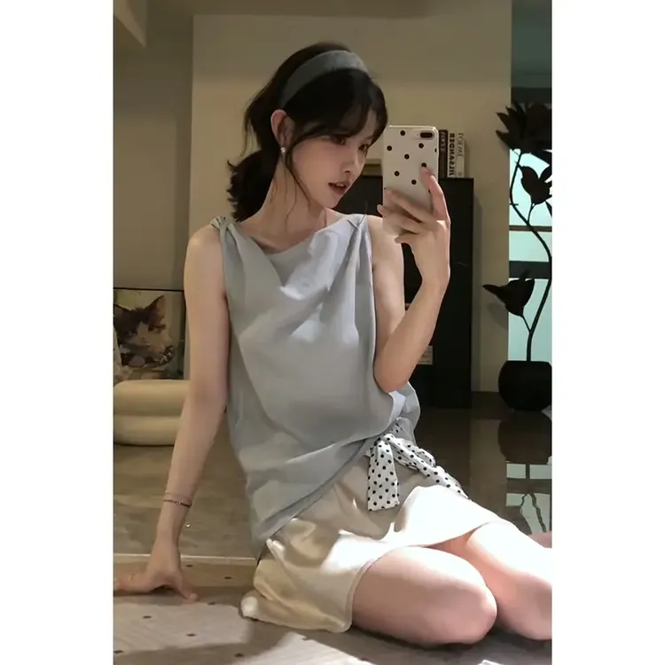 法式温婉大方衣服无袖系带背心衬衫上衣小个子高腰显瘦缎面半身裙