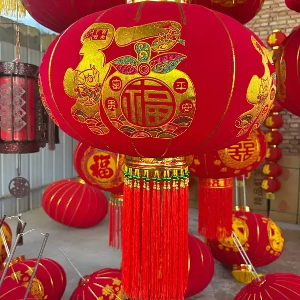 新年春节大红灯笼植绒布户外阳台大门口装饰防水长杆挂饰灯笼