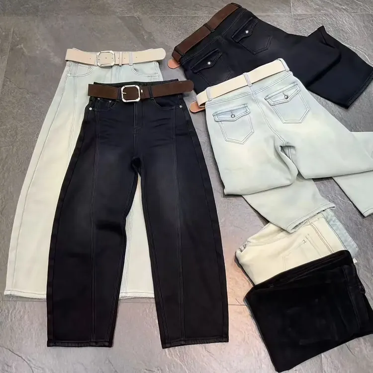 古月冬季加绒加厚23267双色高腰显瘦弯刀牛仔裤女时尚百搭宽松裤