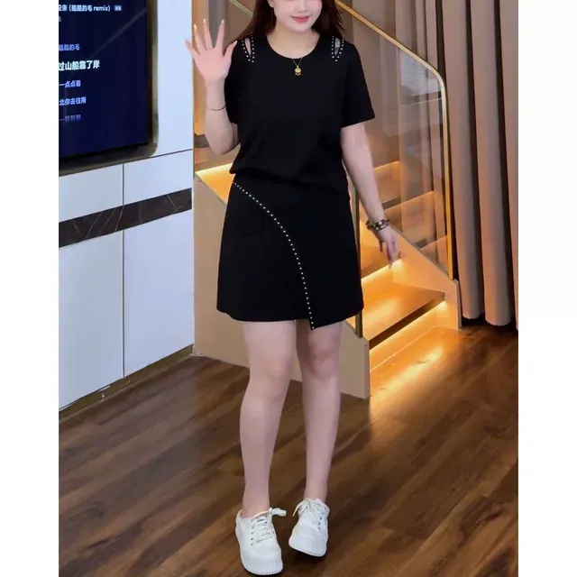 大码时尚洋气套装女2025夏季新款显瘦短袖上衣休闲半身裙两件套