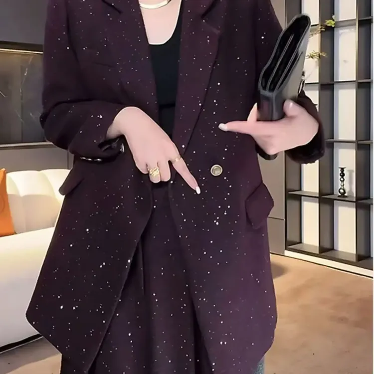 95022-B-9-1-1 高级感亮片设计修身显瘦翻领气质长袖翻领西装套装
