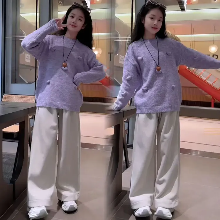 女童秋冬套装2025新款时尚韩版毛衣中大童洋气阔腿裤两件套女孩潮