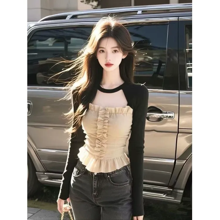 高级感圆领设计感长袖恤女春季独特漂亮镂空花边别致独特上衣