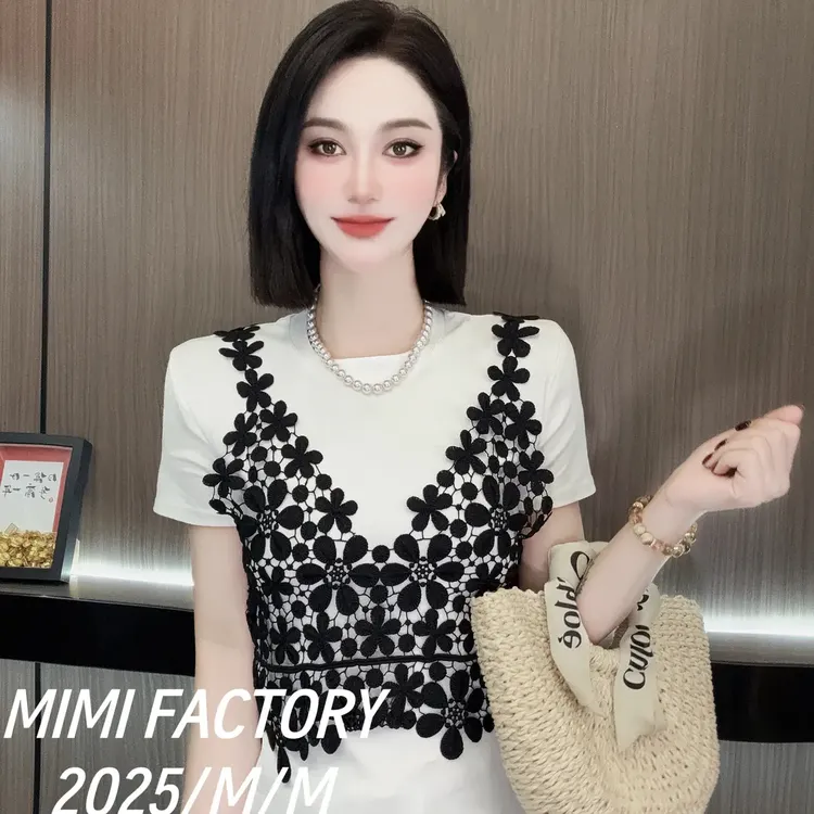 蕾丝网花背心两件套短袖T恤女夏季新款洋气修身显瘦洋气减龄上衣