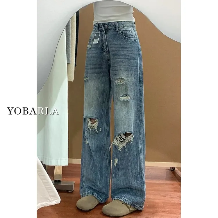 复古蓝破洞直筒牛仔裤女秋冬新款高腰大码宽松显瘦梨型身材阔腿裤