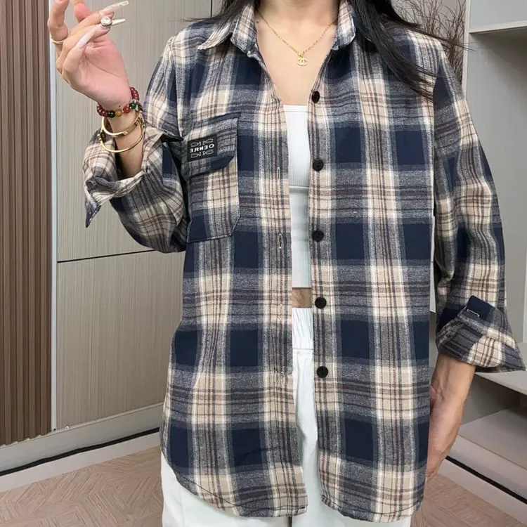 2025春季新款格子衬衫外套时尚洋气妈妈装中长款衬衣长袖上衣