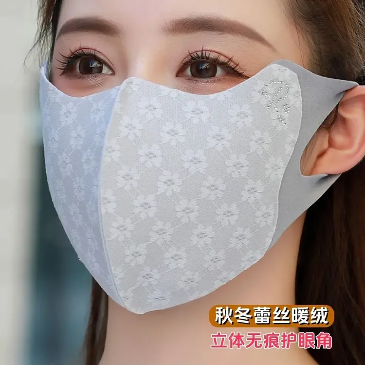 高颜值蕾丝保暖口罩护眼角口罩防阳光镶钻防尘立体加厚冬季防护