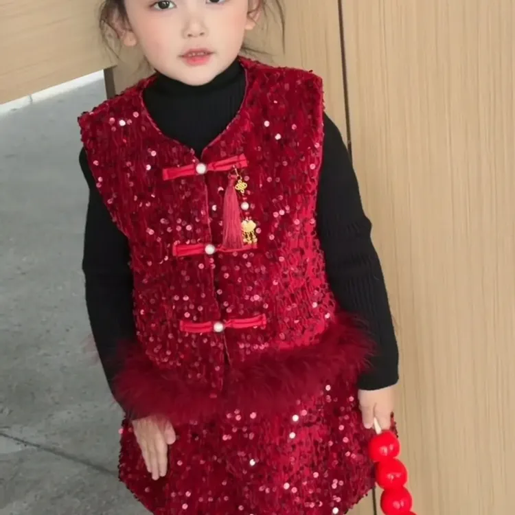 冬季新款加绒加厚女童新中式国风拜年服三件套装洋气红色中国风