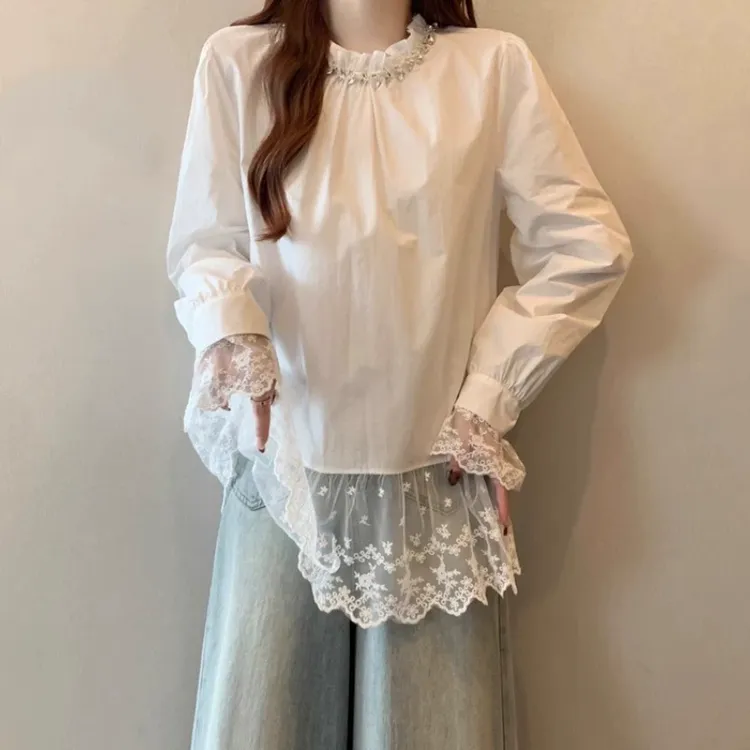 微胖妹妹大码2025春季新款甜美蕾丝拼接木耳领衬衫女洋气叠穿上衣