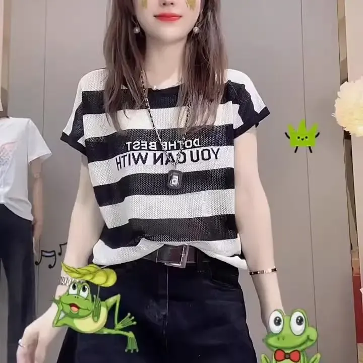 韩版撞色条纹字母镂空冰丝针织t恤短袖女夏季新款时尚套头上衣潮