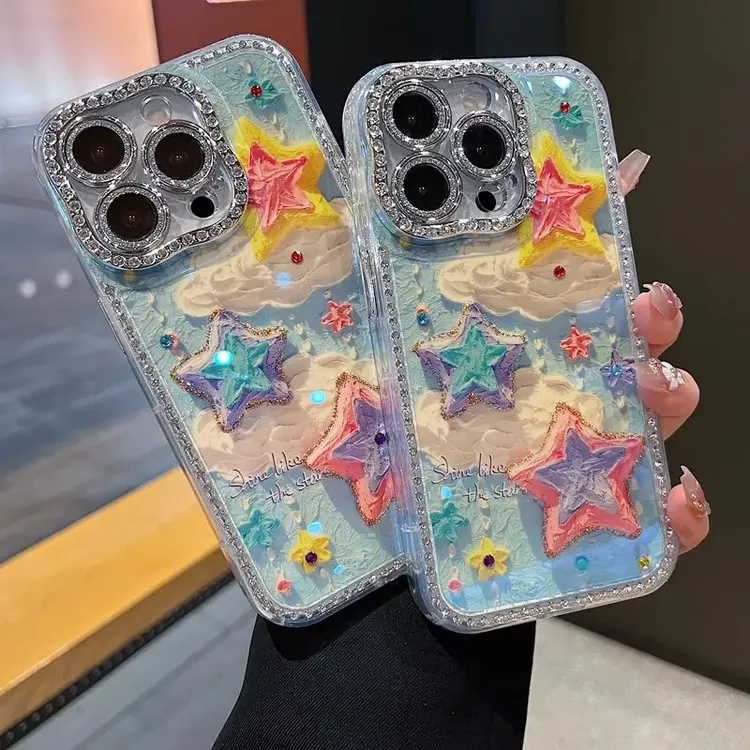 适用苹果系列iPhone16新款手机壳时尚彩云星星扭边钻框闪钻镜头膜