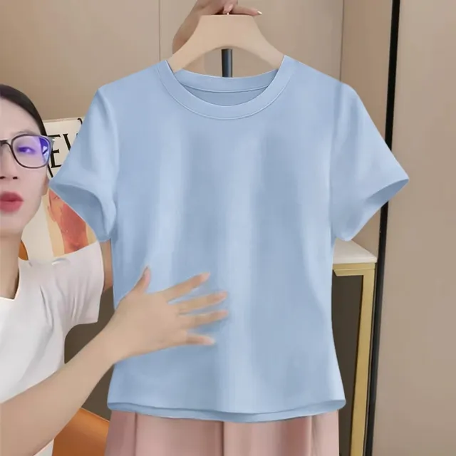 正肩短袖t恤女夏季2025新款时尚洋气修身上衣棉短款半袖打底衫新