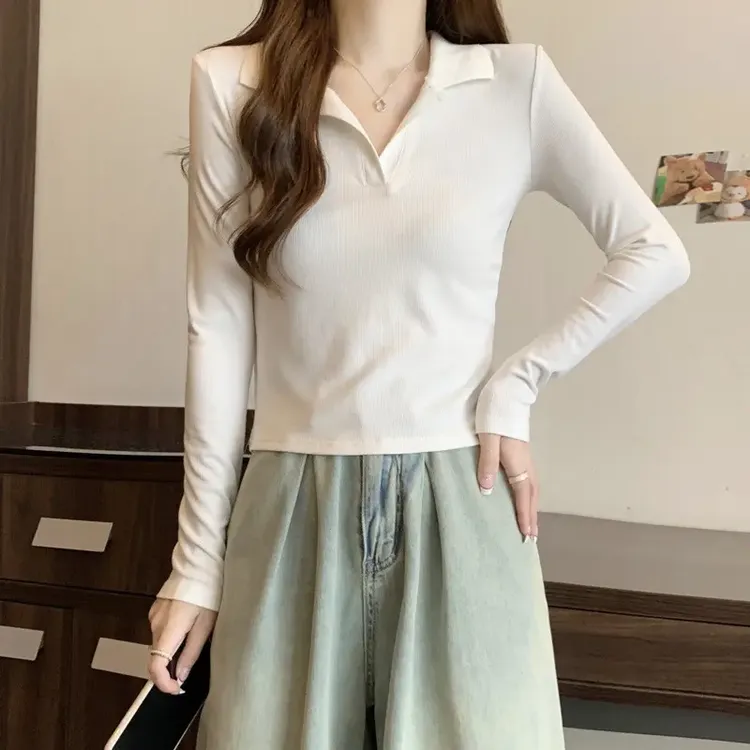韩系chic辣妹翻领修身白色长袖t恤女春美式正肩Polo领打底衫上衣