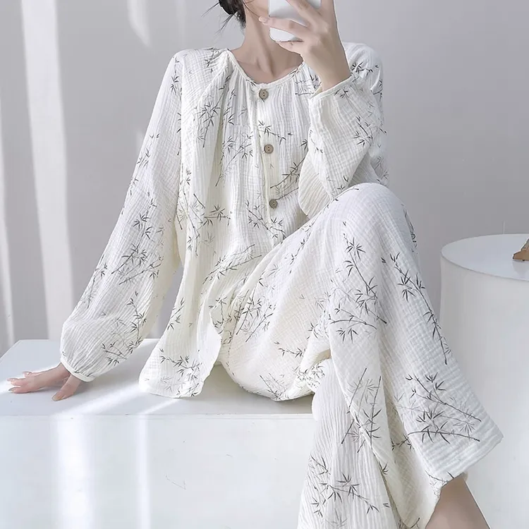 新中式睡衣宽松女款春秋双层纱布国风长袖婴儿棉纱家居服大码套装
