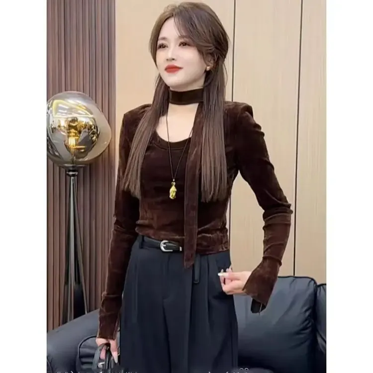 初春丝绒长袖T恤打底衫女2025新款独洋气致辣妹短款早秋chic上衣