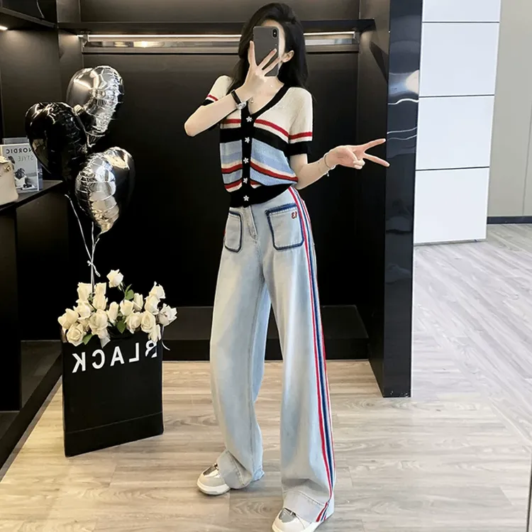 撞色小众设计网红洋气炸街女装2025夏新款领上衣阔腿裤时尚套装