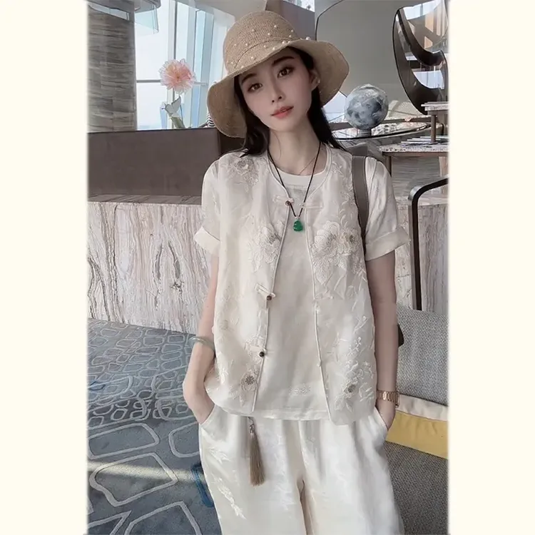 新中式轻国风禅意盘扣白色刺绣马甲t恤两件套装女2025年新款夏季