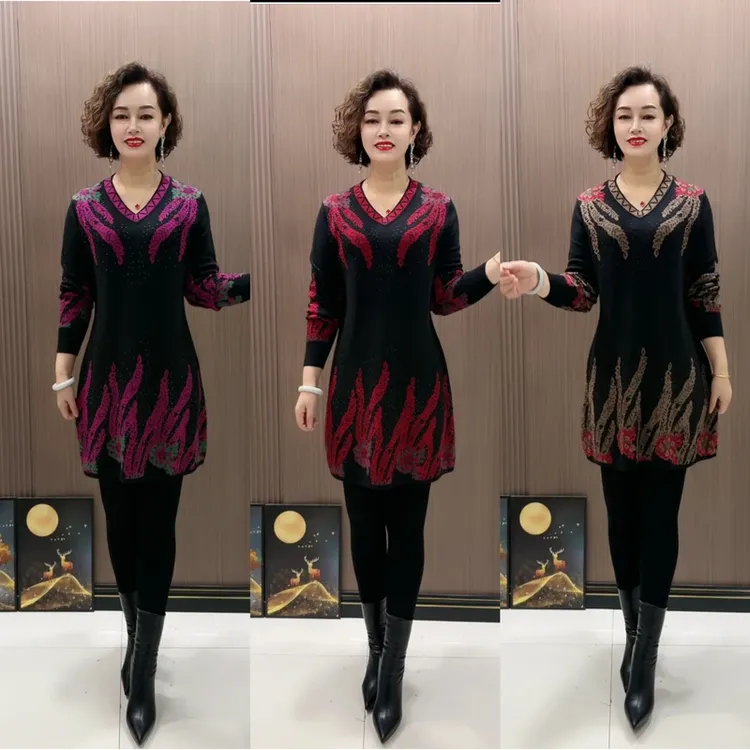秋冬时尚洋气妈妈装V领针织打底衫中老年大码长袖中长款显瘦百搭