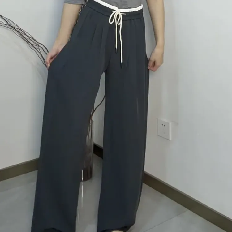 芭雅推荐抽绳西装裤女高腰垂感宽松直筒显瘦冰丝休闲阔腿裤夏