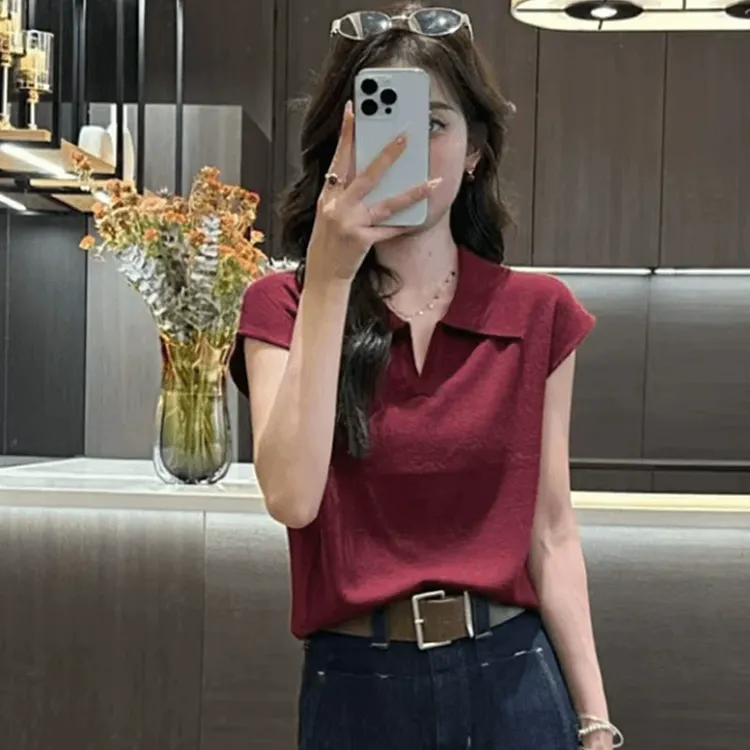 2025夏季新款气质翻领洋气设计感针织衫女别致小飞袖女人味打底衫