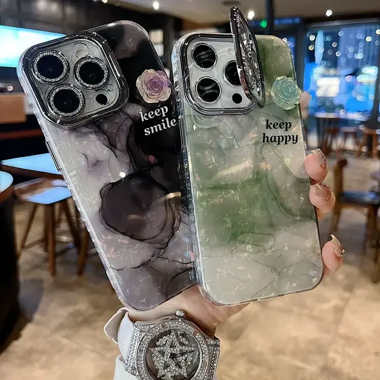 适用苹果系列iPhone16新款手机壳晕染立体山茶花银灰闪粉镜头支架