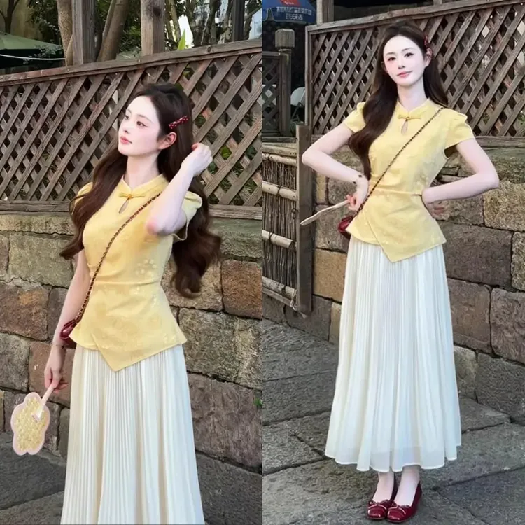2025夏季新款立领盘扣修身新中式短袖上衣高腰显瘦半身裙两件套女