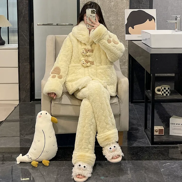 ins风睡衣女冬季加绒加厚三层珊瑚绒夹棉保暖可爱小狗家居服套装