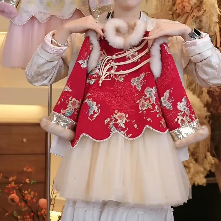 女童中国风加绒连衣裙女孩汉服拜年服冬装2025新款儿童网纱公主裙